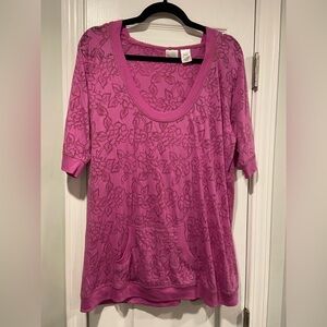Bold Spirit Size XL Pink Semi Sheer Rose Floral Short Sleeve Pullover Hoodie Top